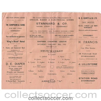 1953 - Stowmarket v Arsenal A 28/2/1953 Programme - Collect Soccer