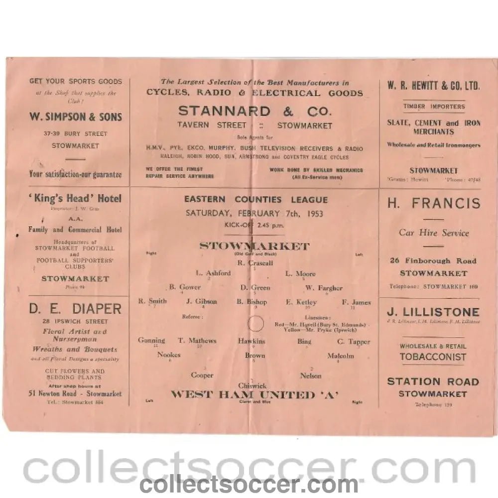1953 - Stowmarket v West Ham United A 7/2/1953 Programme - Collect Soccer