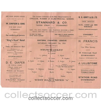 1953 - Stowmarket v West Ham United A 7/2/1953 Programme - Collect Soccer