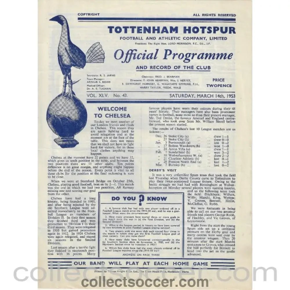 1953 - Tottenham Hotspur v Chelsea 14/3/1953 Football Programme - Collect Soccer