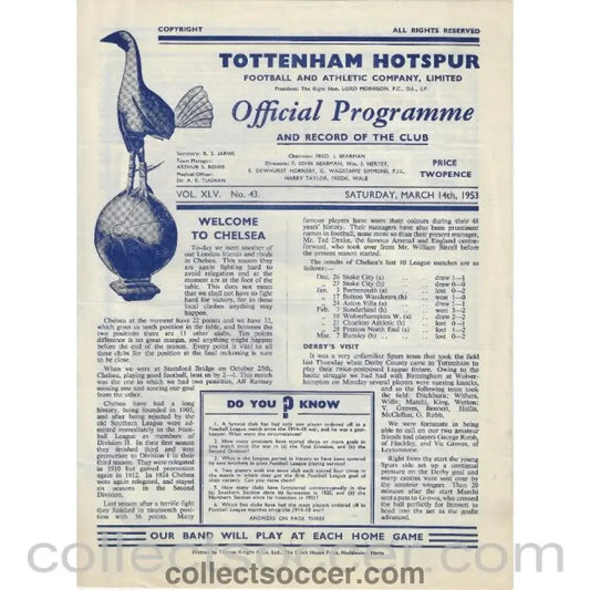1953 - Tottenham Hotspur v Chelsea 14/3/1953 Football Programme - Collect Soccer