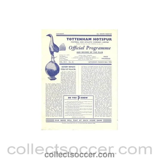 1953 - Tottenham Hotspur v Portsmouth official programme 28/03/1953 Football League - Collect Soccer