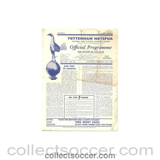 1953 - Tottenham Hotspur v Preston North End official programme 21/02/1953 Football League - Collect Soccer