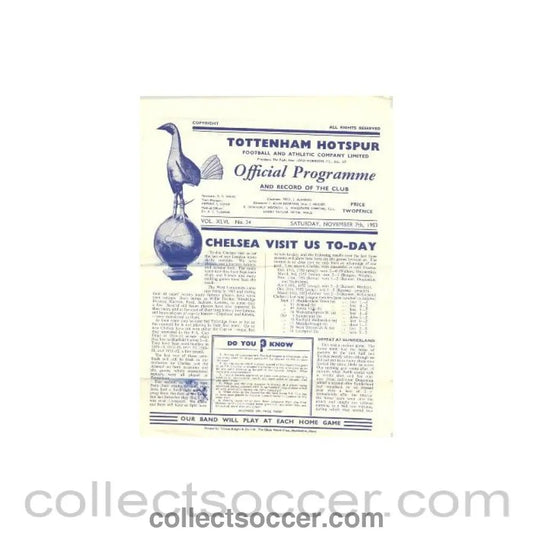 1953 - Tottenham Hotspur vChelsea official programme 07/11/1953 - Collect Soccer