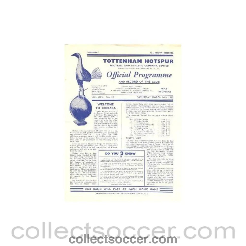 1953 - Tottenham Hotspur vChelsea official programme 14/03/1953 - Collect Soccer