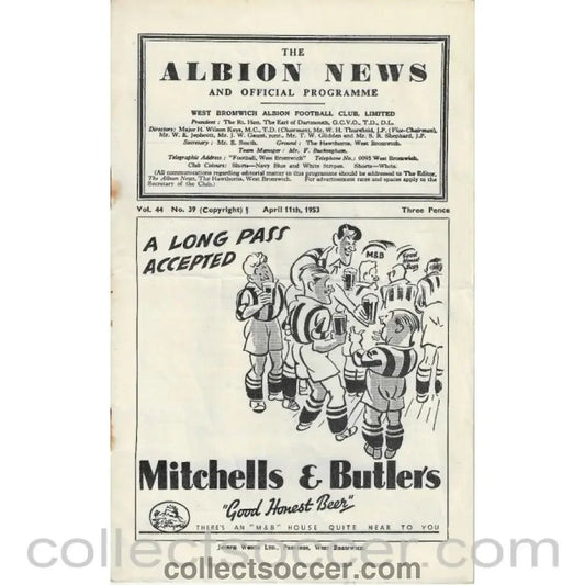 1953 - West Bromwich Albion v Chelsea 11/4/1953 Football Programme - Collect Soccer