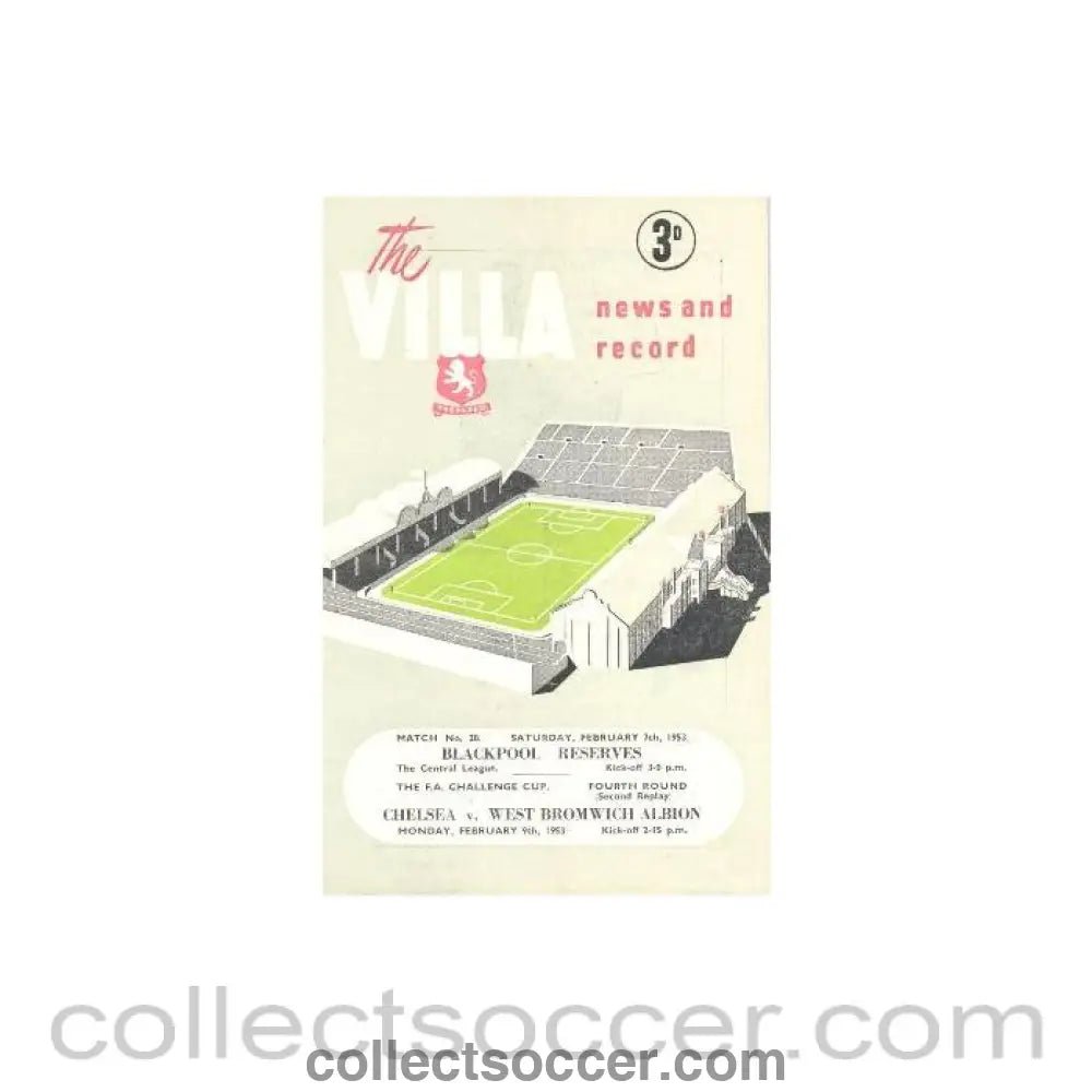 1953 - West Bromwich Albion vChelsea official programme 09/02/1953 F.A. Cup, Replay, at Aston Villa - Collect Soccer