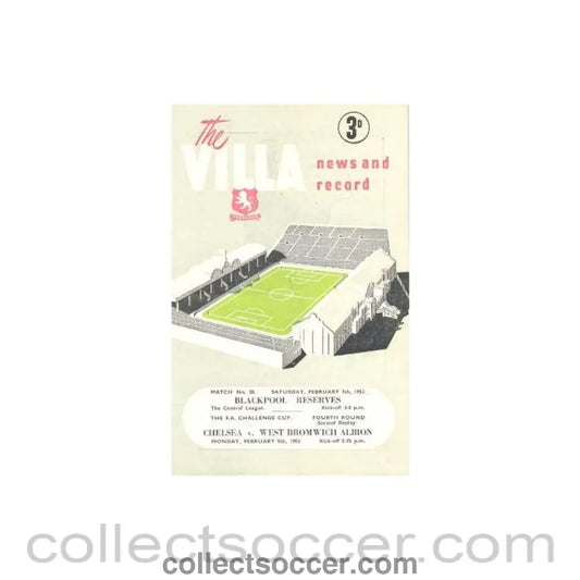 1953 - West Bromwich Albion vChelsea official programme 09/02/1953 F.A. Cup, Replay, at Aston Villa - Collect Soccer