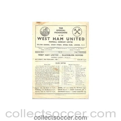 1953 - West Ham United v Blackburn Rovers official programme 28/02/1953 - Collect Soccer