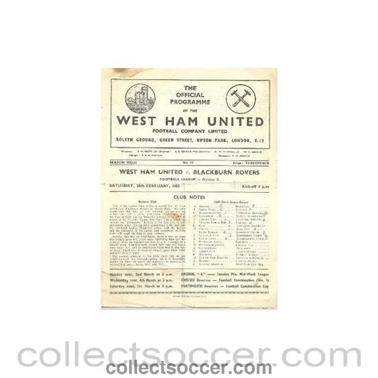 1953 - West Ham United v Blackburn Rovers official programme 28/02/1953 - Collect Soccer