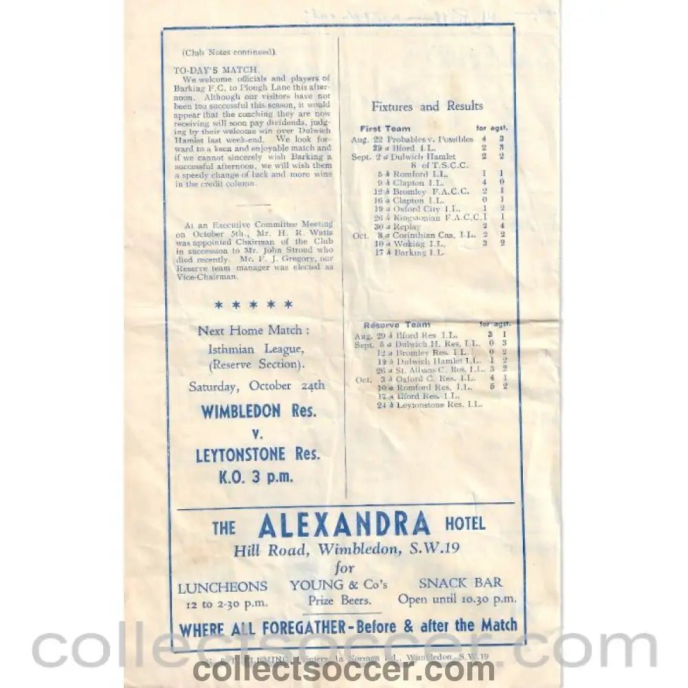 1953 - Wimbledon v Barking 17/10/1953 Official Programme - Collect Soccer