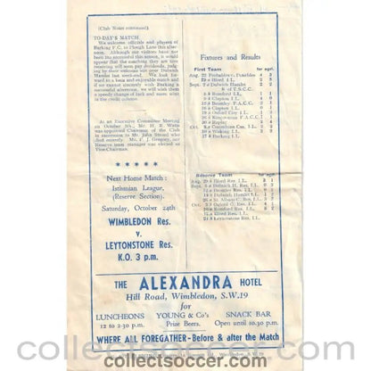 1953 - Wimbledon v Barking 17/10/1953 Official Programme - Collect Soccer
