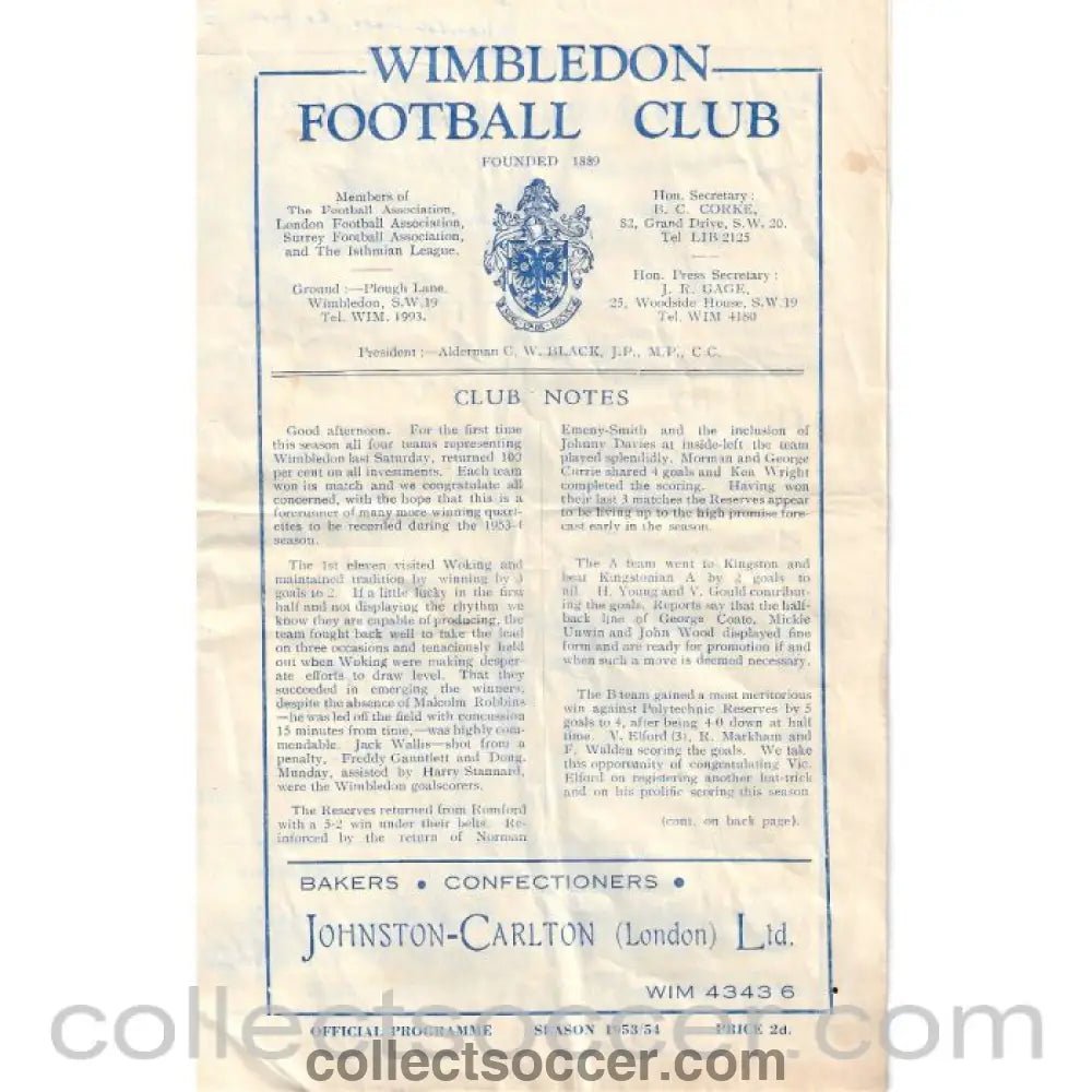 1953 - Wimbledon v Barking 17/10/1953 Official Programme - Collect Soccer