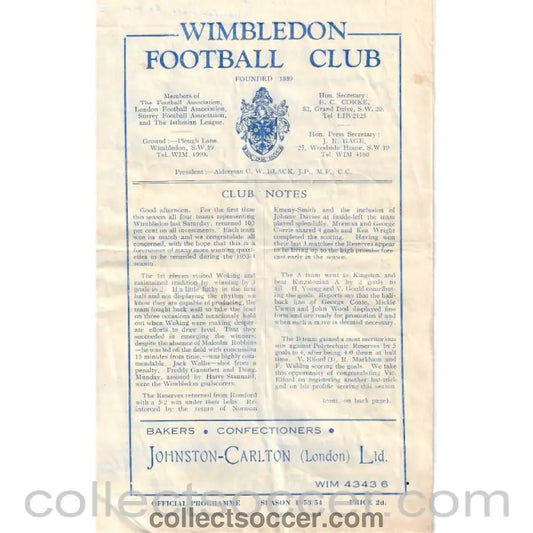 1953 - Wimbledon v Barking 17/10/1953 Official Programme - Collect Soccer