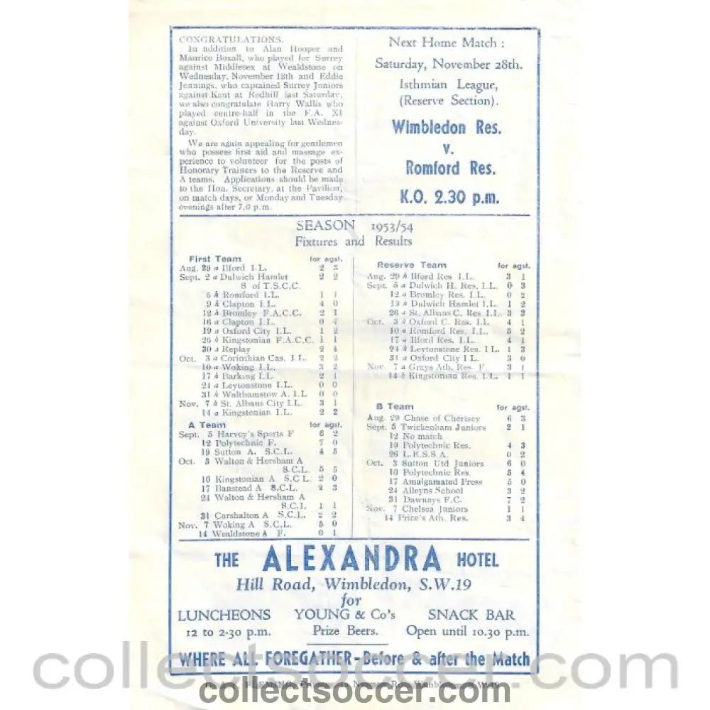 1953 - Wimbledon v Ilford 21/11/1953 Official Programme - Collect Soccer