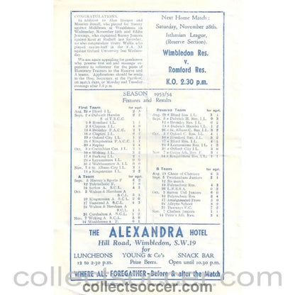 1953 - Wimbledon v Ilford 21/11/1953 Official Programme - Collect Soccer