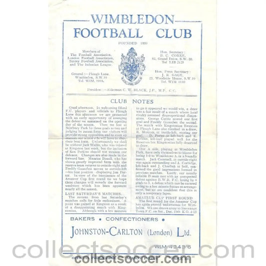 1953 - Wimbledon v Ilford 21/11/1953 Official Programme - Collect Soccer