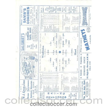 1953 - Wimbledon v Ilford 21/11/1953 Official Programme - Collect Soccer