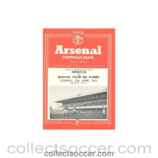 1954 - Arsenal v Racing Club de Paris official programme 27/04/1954 Annual Challenge Match