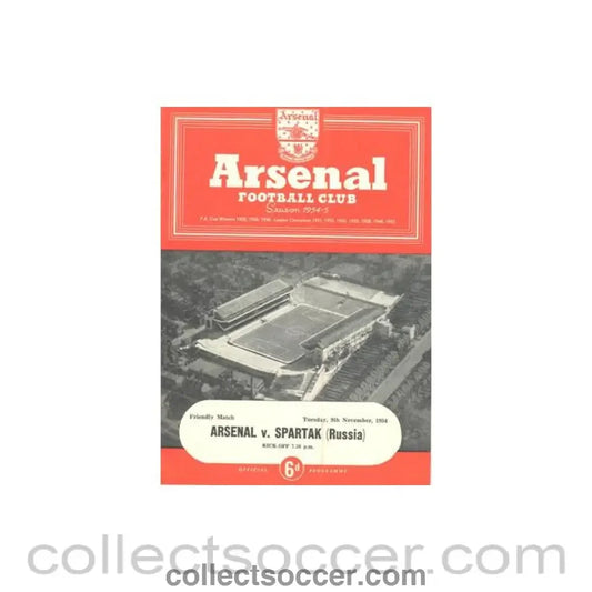 1954 - Arsenal v Spartak Russia official programme 09/11/1954 Friendly Match