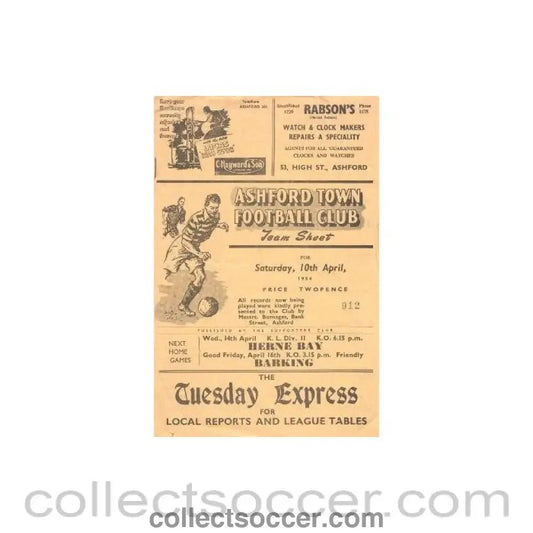 1954 - Ashford v Sheppey United official programme 10/04/1954 - Collect Soccer