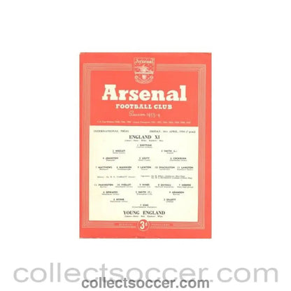 1954 - At Arsenal - England XI v Young England official programme 30/04/1954 - Collect Soccer