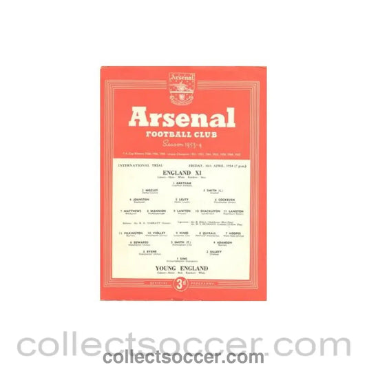 1954 - At Arsenal - England XI v Young England official programme 30/04/1954