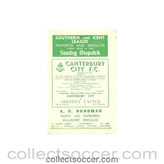 1954 - Canterbury City v Sheppey United official programme 20/03/1954 - Collect Soccer