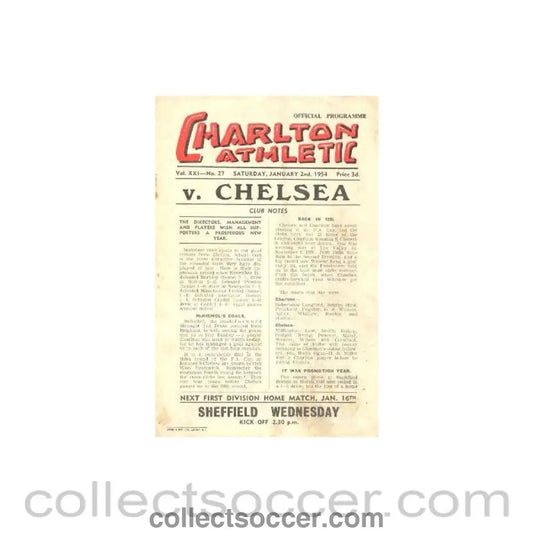 1954 - Charlton Athletic vChelsea official programme 02/01/1954 - Collect Soccer