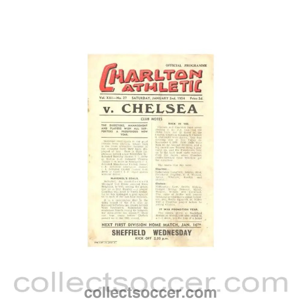 1954 - Charlton Athletic vChelsea official programme 02/01/1954 - Collect Soccer