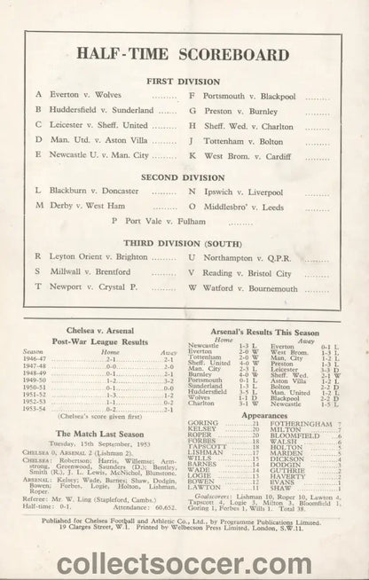 1954 - Chelsea V Arsenal 27/12/1954 Football League Chelsea's First Ever Championship Season - Collect Soccer