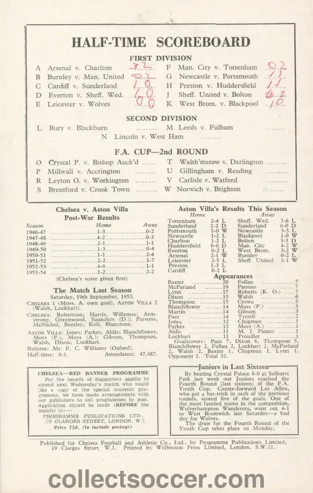 1954 - Chelsea v Aston Villa official programme 11/12/1954 - Chelsea's First Ever Championship Season - Collect Soccer