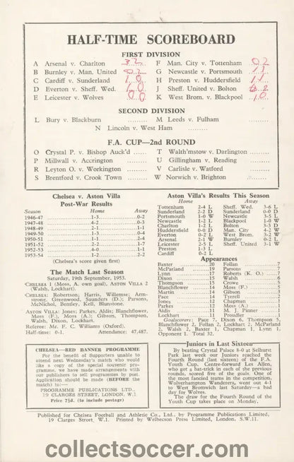 1954 - Chelsea v Aston Villa official programme 11/12/1954 - Chelsea's First Ever Championship Season - Collect Soccer