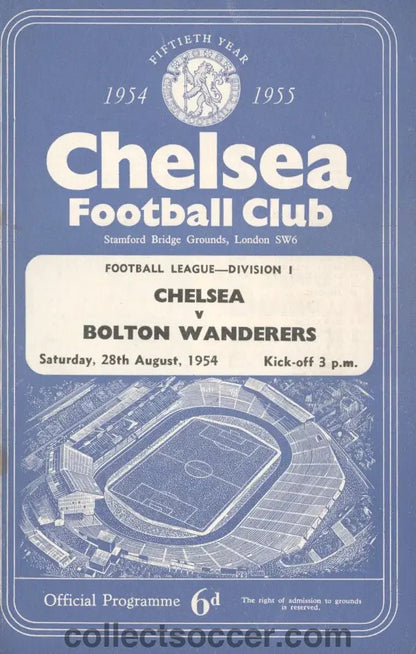 1954 - Chelsea v Bolton Wanderers official programme 28/08/1954 - Chelsea's First Ever Championship Season - Collect Soccer