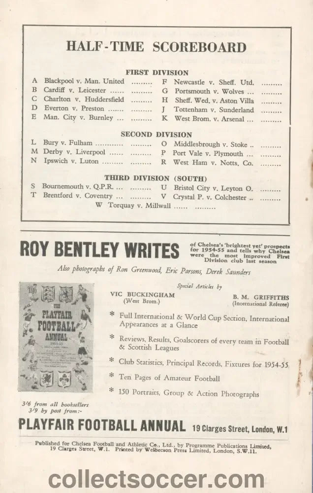 1954 - Chelsea v Bolton Wanderers official programme 28/08/1954 - Chelsea's First Ever Championship Season - Collect Soccer