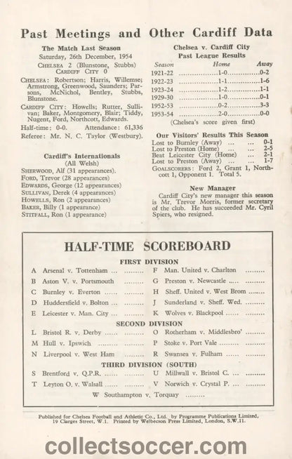 1954 Chelsea v Cardiff City Programme Chelsea's First Ever Championship Season - Collect Soccer