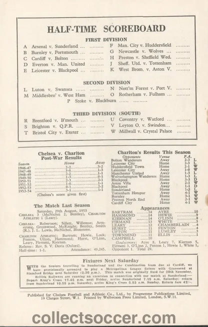 1954 - Chelsea v Charlton Athletic official programme 30/10/1954 - Chelsea's First Ever Championship Season - Collect Soccer