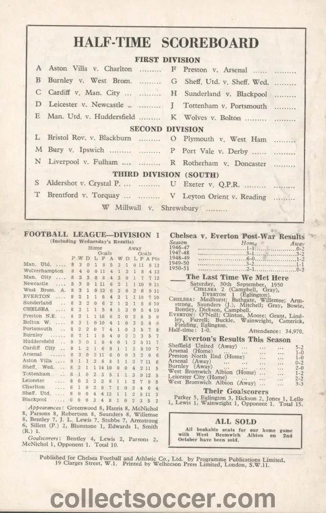 1954 - Chelsea v Everton official programme 18/09/1954 Chelsea'a First Championship Season - Collect Soccer