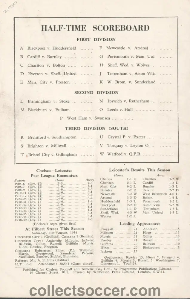 1954 - Chelsea v Leicester City official programme 18/12/1954 - Collect Soccer