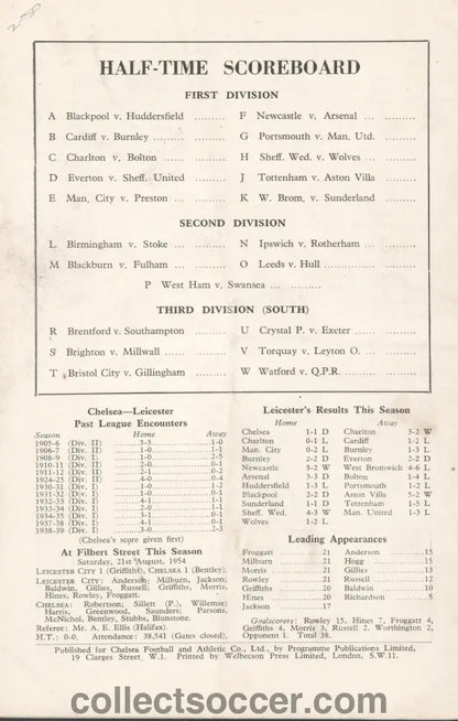 1954 - Chelsea v Leicester City official programme 18/12/1954 - Collect Soccer