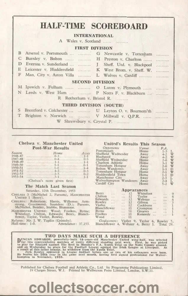 1954 Chelsea v Manchester Unted Programme 16/10/1954. 6 - 5 Scoreline to United - Collect Soccer