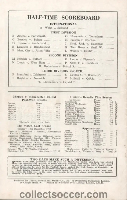 1954 Chelsea v Manchester Unted Programme 16/10/1954. 6 - 5 Scoreline to United - Collect Soccer