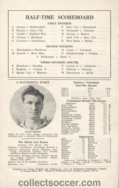 1954 - Chelsea v Tottenham Hotspur official programme - Collect Soccer