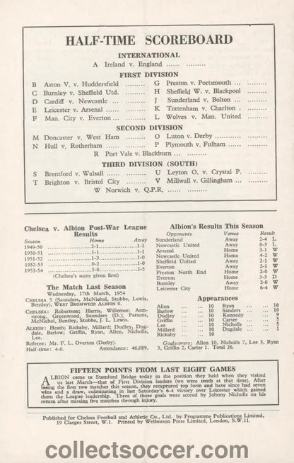 1954 - Chelsea v West Bromwich Albion Official Programme 02/10/1954 Chelsea's First Ever Championship Season - Collect Soccer