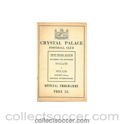 1954 - Crystal Palace v Watford official programme 15/09/1954 - Collect Soccer