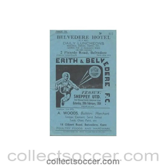 1954 - Erith & Belvedere v Sheppey United official programme 20/02/1954 - Collect Soccer