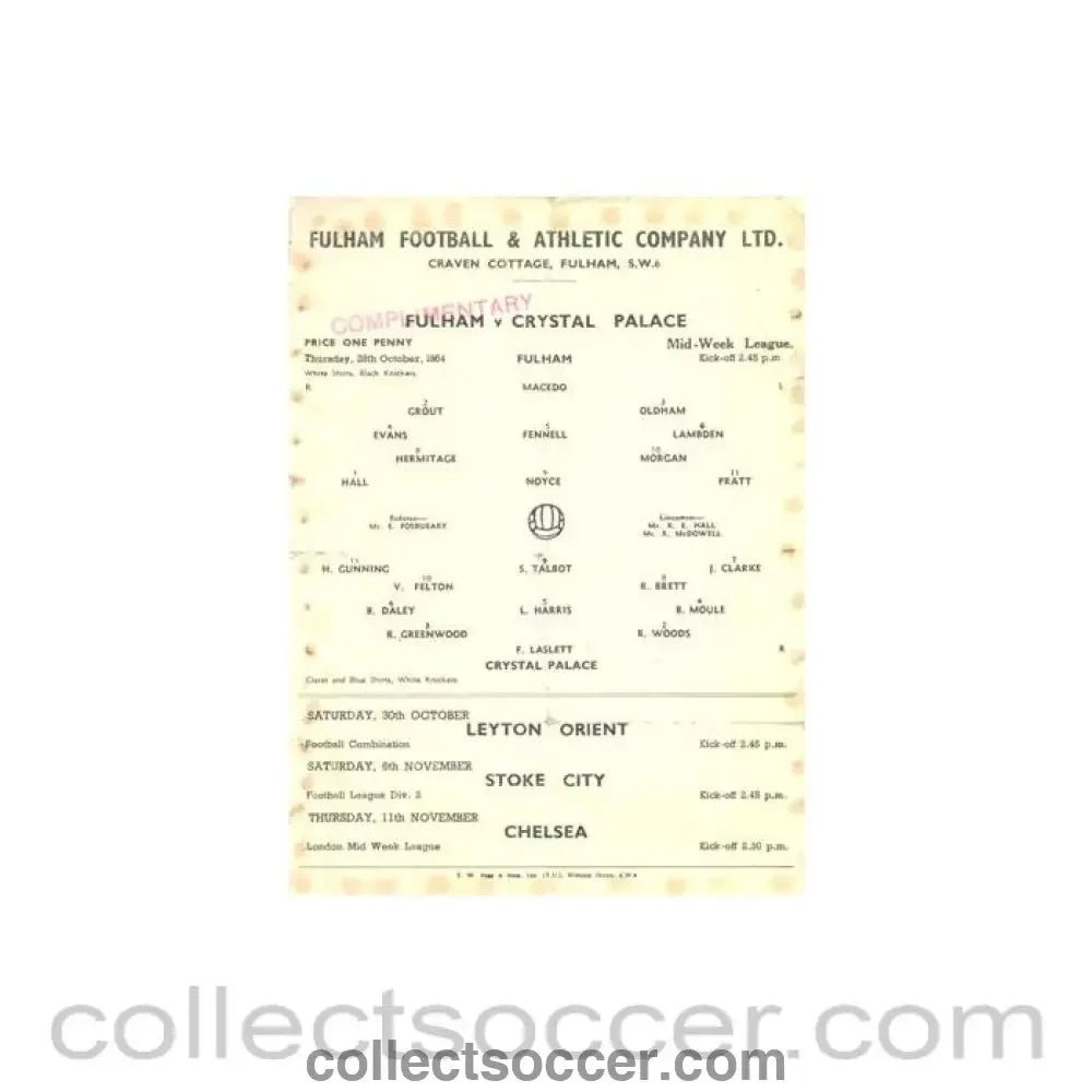 1954 - Fulham v Crystal Palace official programme 28/10/1954 Reserves - Collect Soccer