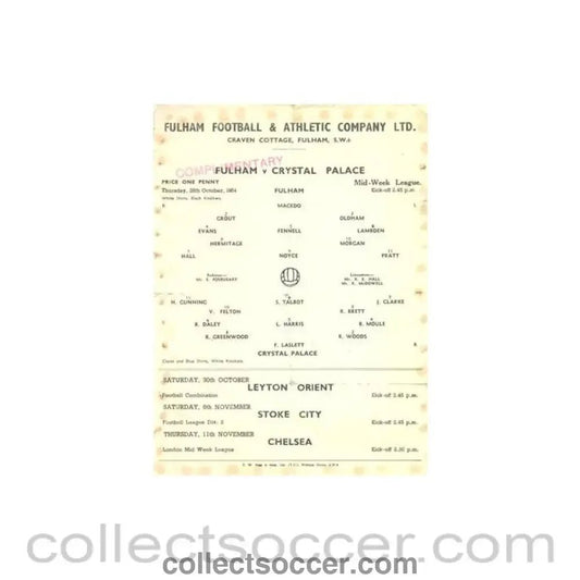 1954 - Fulham v Crystal Palace official programme 28/10/1954 Reserves - Collect Soccer