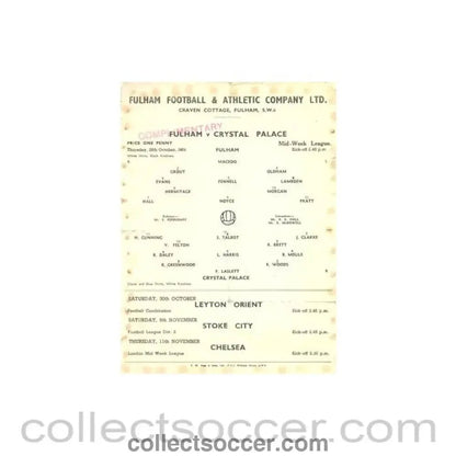 1954 - Fulham v Crystal Palace official programme 28/10/1954 Reserves - Collect Soccer