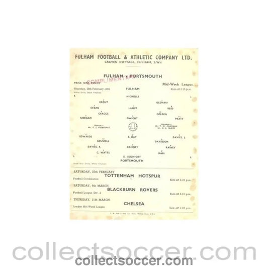 1954 - Fulham v Portsmouth official programme 25/02/1954 Reserves - Collect Soccer
